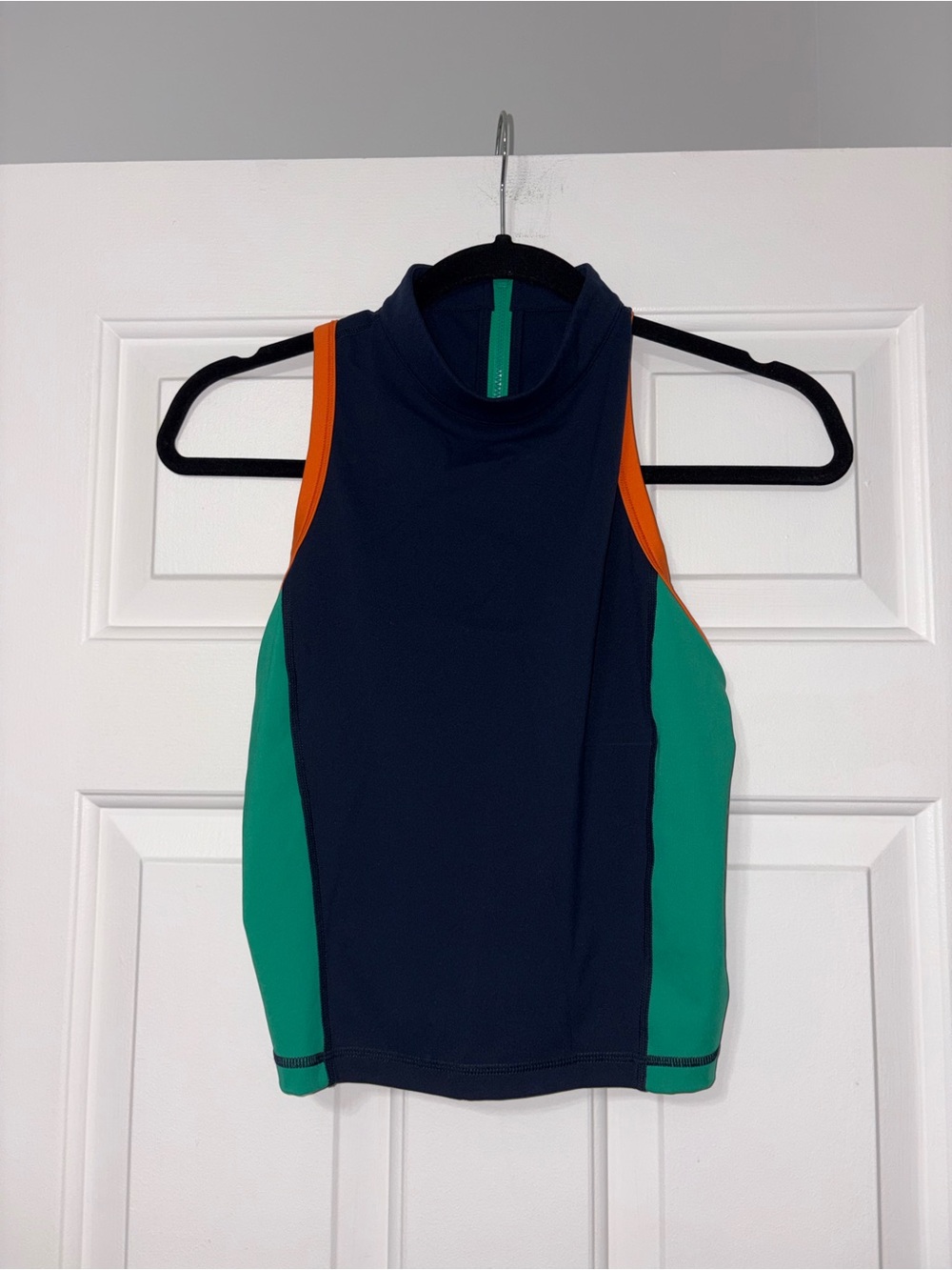 Sweaty Betty Navy Tank Top with Green Panels and Orange Trim